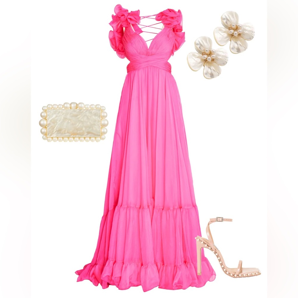 Mac Duggal 67911 Hot Pink Ruffle Tiered Maxi Dress Gown Lace Up Size 2 NWT